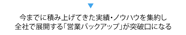 今までに積み上げてきた実績・ノウハウを集約し全社で展開する「営業バックアップ」が突破口になる